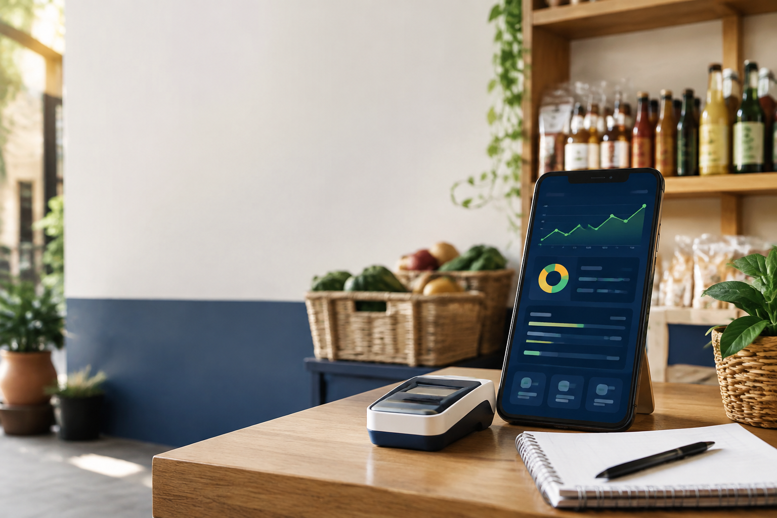 Comerciante revisando las cuentas de su negocio con herramientas digitales